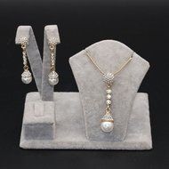 Long Dangle Pendant Crystal Pearl Necklace Earrings Gorgeous Golden Jewelry Set