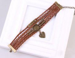 Infinity LOVE Heart Flower Friendship Antique Copper Leather Charm Bracelet ONE