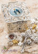 Jerusalem Crosses Rosary Beads Silver Plated Cross in Madonna Silver Metal Box