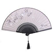 Linen Butterfly Flowers Hand Fan Lacquer Handle Folding Fan Gray N2