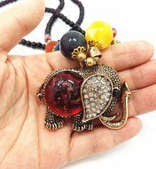QTMY Elephant diamond Rhinestone Black bead Choker Necklace long Chain Bohemian Jewelry with Pendant for Women... N6
