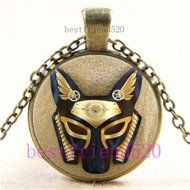 Vintage Steampunk Anubis Cabochon Glass Bronze Chain Pendant Necklace