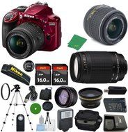 Nikon D3400 Red - International Version (No Warranty), 18-55mm f/3.5-5.6 DX VR, Nikon 70-300mm f/4-5.6G, 2pcs...