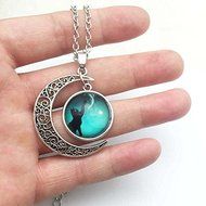 Vintage Cat touch moon Cabochon Silver plated chain necklace Moon pendant