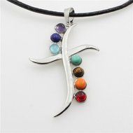 Natural Gemstones Healing Reiki 7 Chakra Moon Cross Charm Beads Pendant Necklace N13