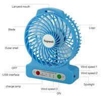 Topwell 4.3-Inch Mini USB 3 Speeds Rechargeable Portable Table Fan Electric Personal Fans 18650 Desktop Fan Hand... N2