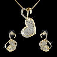 Pop Full Crystal Double Hearts Jewelry Set Women Wedding Gold Necklace Earrings