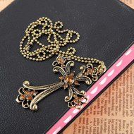 Vintage Bronze Cross Champagne Rhinestone Carved Flower Pendant Necklace