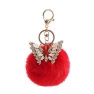 AutumnFall&reg; Rabbit Fur Ball Rhinestone Butterfly Keychain Bag Plush Key Ring Car Key Pendant (Hot Pink)