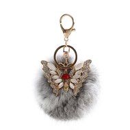AutumnFall&reg; Rabbit Fur Ball Rhinestone Butterfly Keychain Bag Plush Key Ring Car Key Pendant (Hot Pink) N2