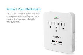 Tenergy 3 AC Outlet Wall Mount 1200 Joules Surge Protector w/ 2.4A Dual USB Charging Port &amp; Retractable Phone... N5