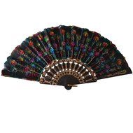 Weixinbuy Chinese Retro Folding Hand Held Fabric Fan Embroidered Peacock Party Decor N2