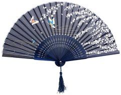 Blue Butterfly White Flower Pattern Lace Bamboo Handheld Folding Fans for Girls Women