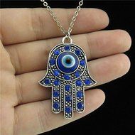 9-3 Blue Rhinestone Evil Eye Hamsa Hand Pendant Silver Chain Collar Necklace 18"