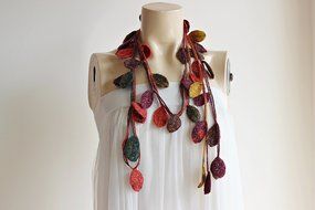 Leaves Necklace-Multicolor Crochet Necklace-Multicolor Lariat Scarf-Mohair Crochet Scarf with Gold Glitter- Autumn...