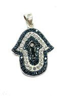 Hamsa Judaica Silver 925 Pendant White Blue Enamel Zircons Crystals Israel 1.2"
