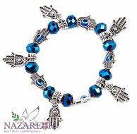 Hamsa Hand Of Fatima Stretchable Bracelet Deep Blue Crystals and Glass Evil Eye Protection Beads