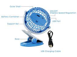 Touchshop Portable Mini Clip Fan Powered by Rechargeable Battery/USB Vertical and Horizontal 360 Degree Rotation...