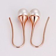 Women Simple 18K Rose Gold Filled Charm Pearl Dangle Drop Evening Prom Earrings