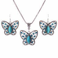 Women Blue Turquoise Crystal Butterfly Pendant Tribal Chain Necklace Earring Set