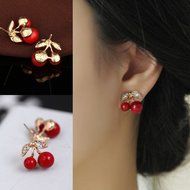 Gold Plated Crystal Red Cherry Earrings Rhinestone Stud Women Children Fashion