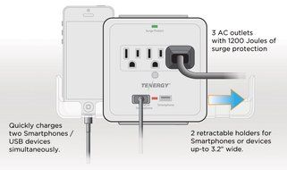 Tenergy 3 AC Outlet Wall Mount 1200 Joules Surge Protector w/ 2.4A Dual USB Charging Port &amp; Retractable Phone... N9