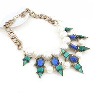 Green Pearl Bib Necklace Flower Chunky Statement Crystal Pendant Collar Chain