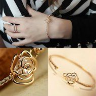 New Graceful Women Crystal Flower Bangle Gold Filled Cuff Chain Bracelet Jewelry