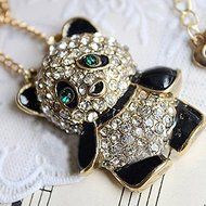 Fashion Women&#039;s Full Drill Rhinestone Lovely Cute Panda Long Necklace Pendant