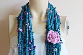 Teal Infinity Scarf-crochet Infinity Scarf -Chain Crochet Scarf with Pink Rose Pin