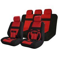 Car Seat Covers Full Set Black / Red 17pc w/Steering Wheel Cover / Belt Pads