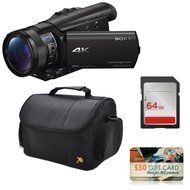 Sony FDR-AX100 4K Ultra HD Camcorder Video Camera + 64GB SD Card Memory, Carrying Case, Nations Photo Lab N2