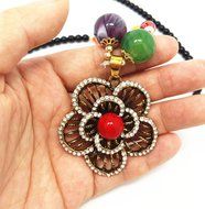 QTMY 3D flowers diamond Black bead Choker Necklace long Chain Bohemian Jewelry with Pendant N6