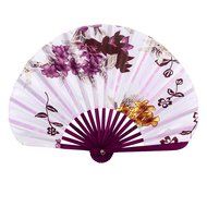 Wood Rib Seashell Shape Flower Printed Folding Hand Fan White Burgundy N3