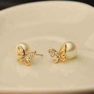 New Fashion Jewelry Women Crystal Gold Butterfly Pearl Ear Stud Earrings Gift N2
