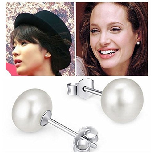 New Silver Plated White Pearl Ear Stud Studs Earrings Women Lady