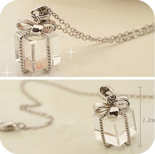 Transparent Gift Box Bow Chain Necklace Sweater Pendant Silver Jewelry Gift