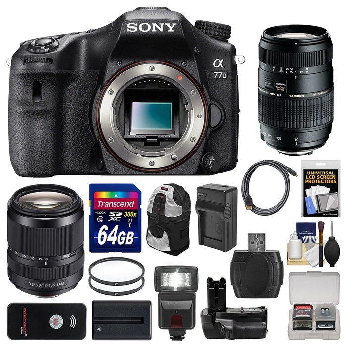 Sony Alpha A77 II Wi-Fi Digital SLR Camera Body with 18-135mm & 70-300mm Lenses + 64GB Card + Backpack + Flash... N4
