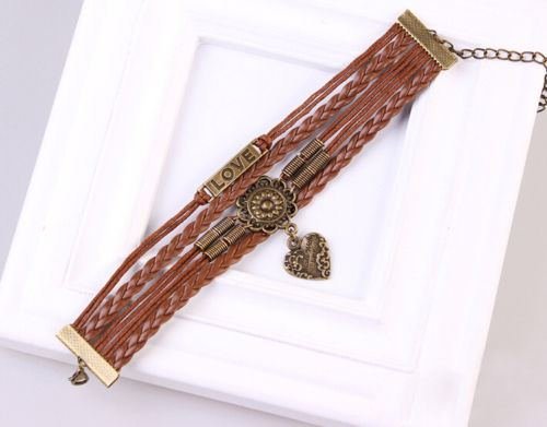 Infinity LOVE Heart Flower Friendship Antique Copper Leather Charm Bracelet ONE