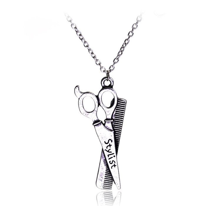 Women's Fashion Silver Hairdresser Scissors Comb Stylist Pendant Chain Necklace