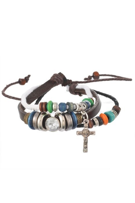 1PC Beaded Cross Leather Adjustable Bracelet Handmade Cuff Women/Men`s Gift
