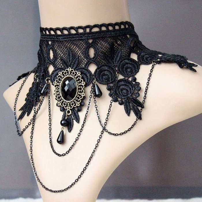 Women Black Lace Flower Chain Tassel Choker Collar Necklace Gothic Punk Jewelry