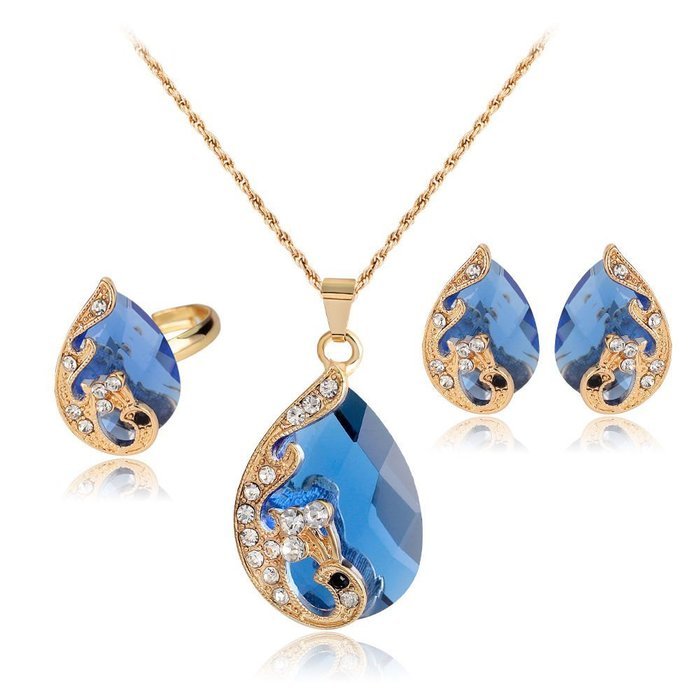 5 Colors Party Wedding Rhinestones Glass Necklace Earrings Ring Jewellery Set N3