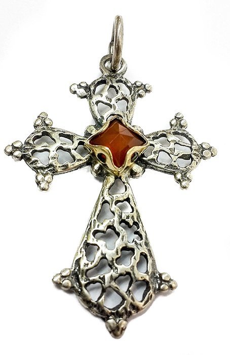Sterling Silver 925 Cross 14ct Gold Parts Carnelian Stone Crucifix Jerusalem