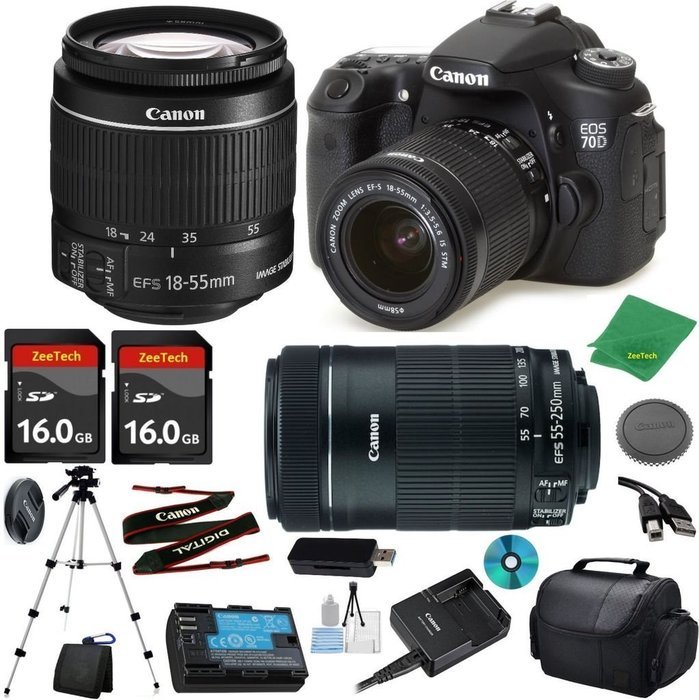Canon EOS 70D Camera with 18-55mm IS STM Lens + 55-250mm STM + 2pcs 16GB Memory Card + Camera Case + Memory Reader...