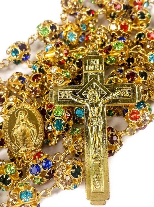 Colorful Zircon Beads Golden Rosary Catholic Necklace Miraculous Medal Cross