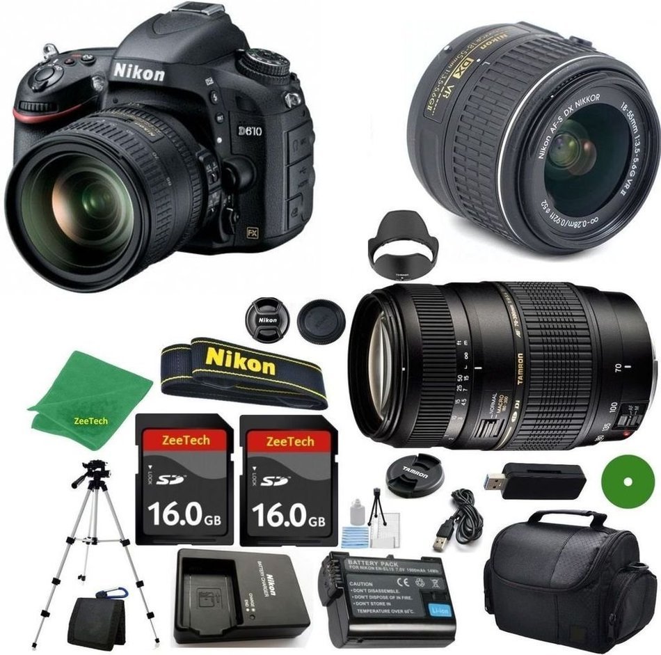 Nikon D610 International Version - No Warranty, 18-55mm f/3.5-5.6 VR, Tamron 70-300mm DI LD Zoom, 2pcs 16GB ZeeTech...