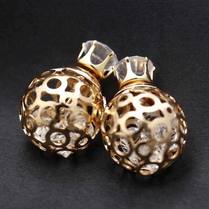 Double-Sided Yellow Gold Plated Hollow Crystal Ball Women Unique Earring Jewelry
