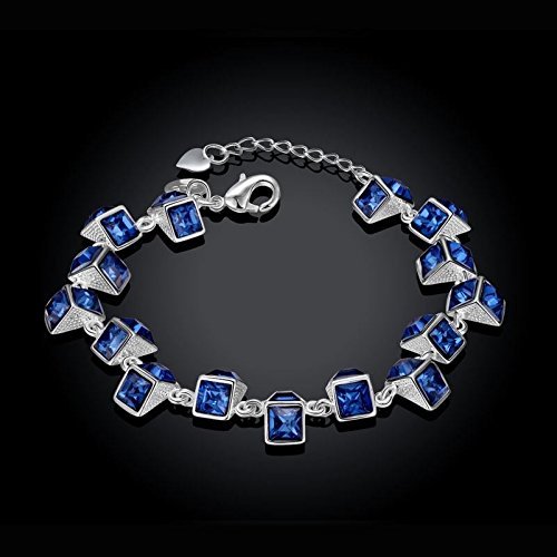 925 Silver Plated Blue Gem Women Wedding Sapphire Bracelet Bangle Jewelry