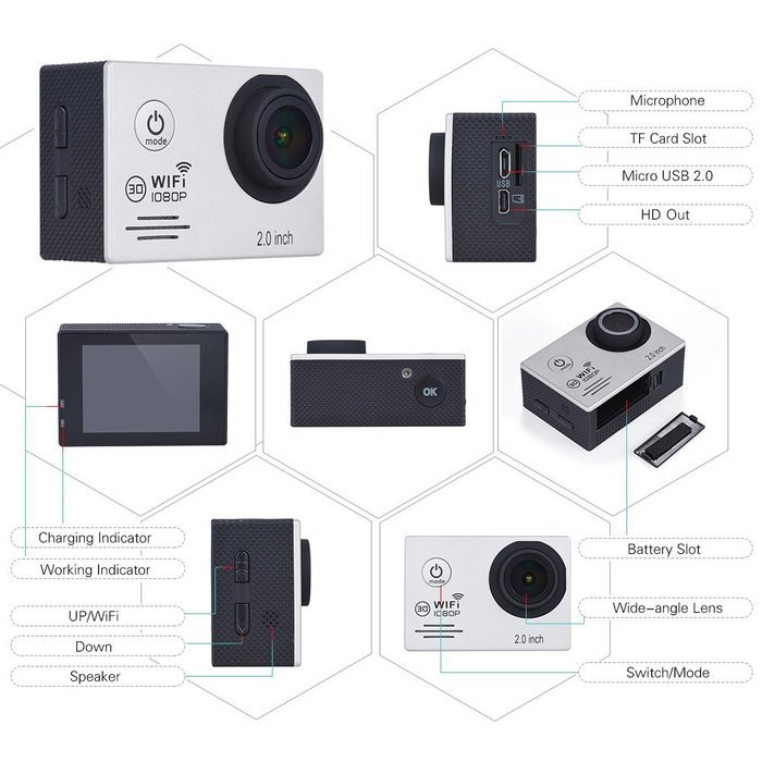 Andoer 1080P 30fps Full HD 12MP Action Camera Waterproof 30 WiFi 2.0" LCD 150 Wide Degree Angle Lens Anti-shake... N13
